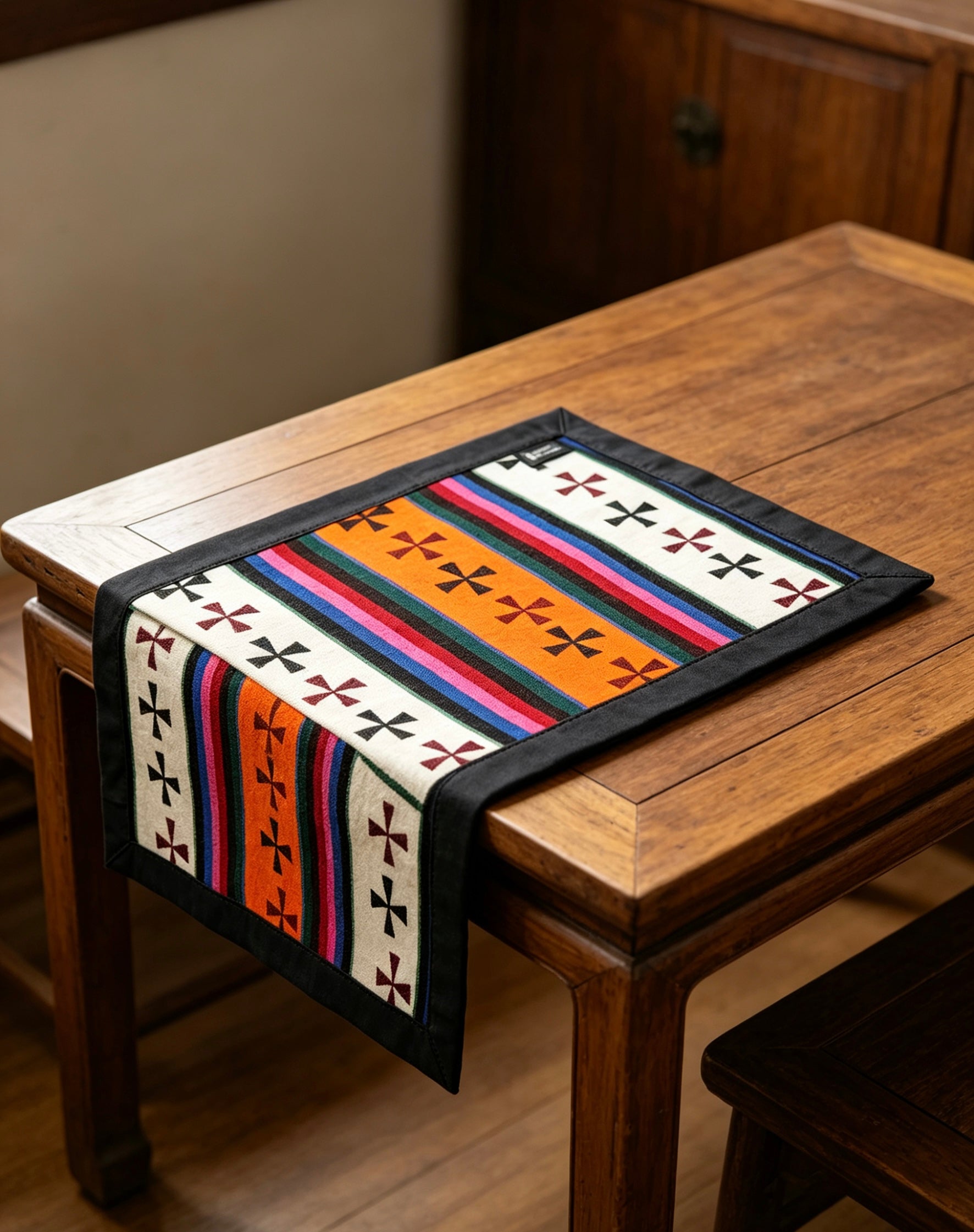 Tibetan Handwoven Wool Table Mat, Colorful Striped Cross Pattern Decor Placemat 32×23cm, Ethnic Wool Desk Pad for Home Decor